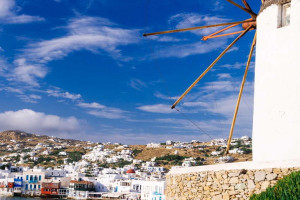 White mill overlooking Mykonos in the Cyclades