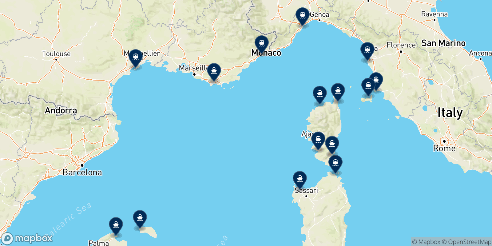 Corsica Sardinia Ferries destination map
