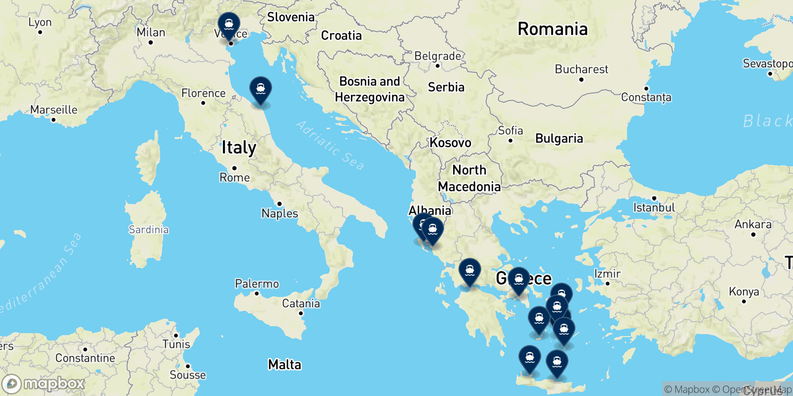 Minoan Grimaldi Euromed destination map