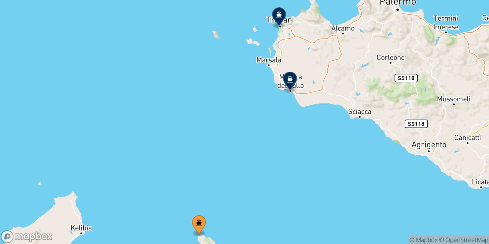 Map of the destinations reachable from Pantelleria