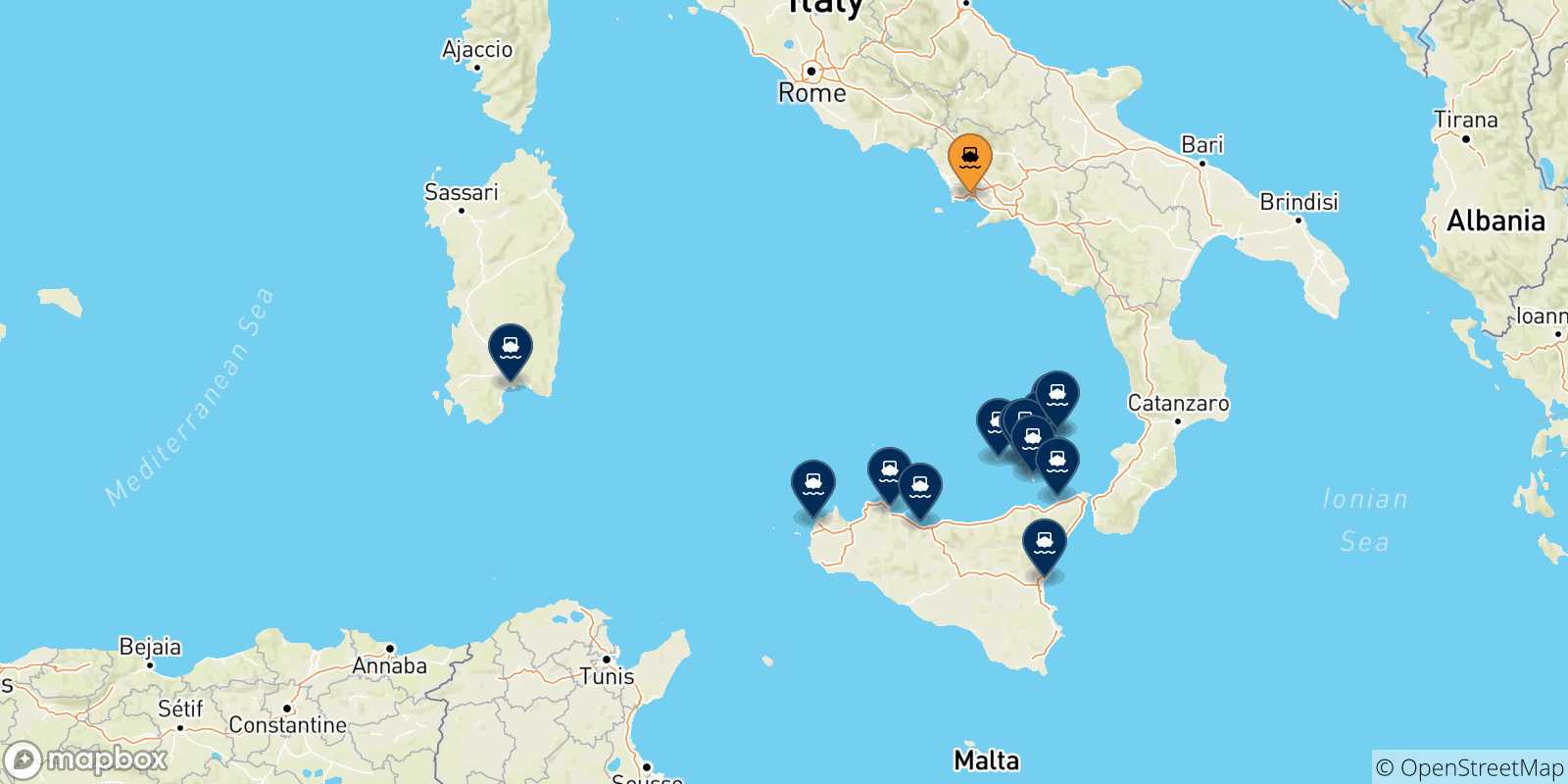 Map of the possible routes between Naples and Italy