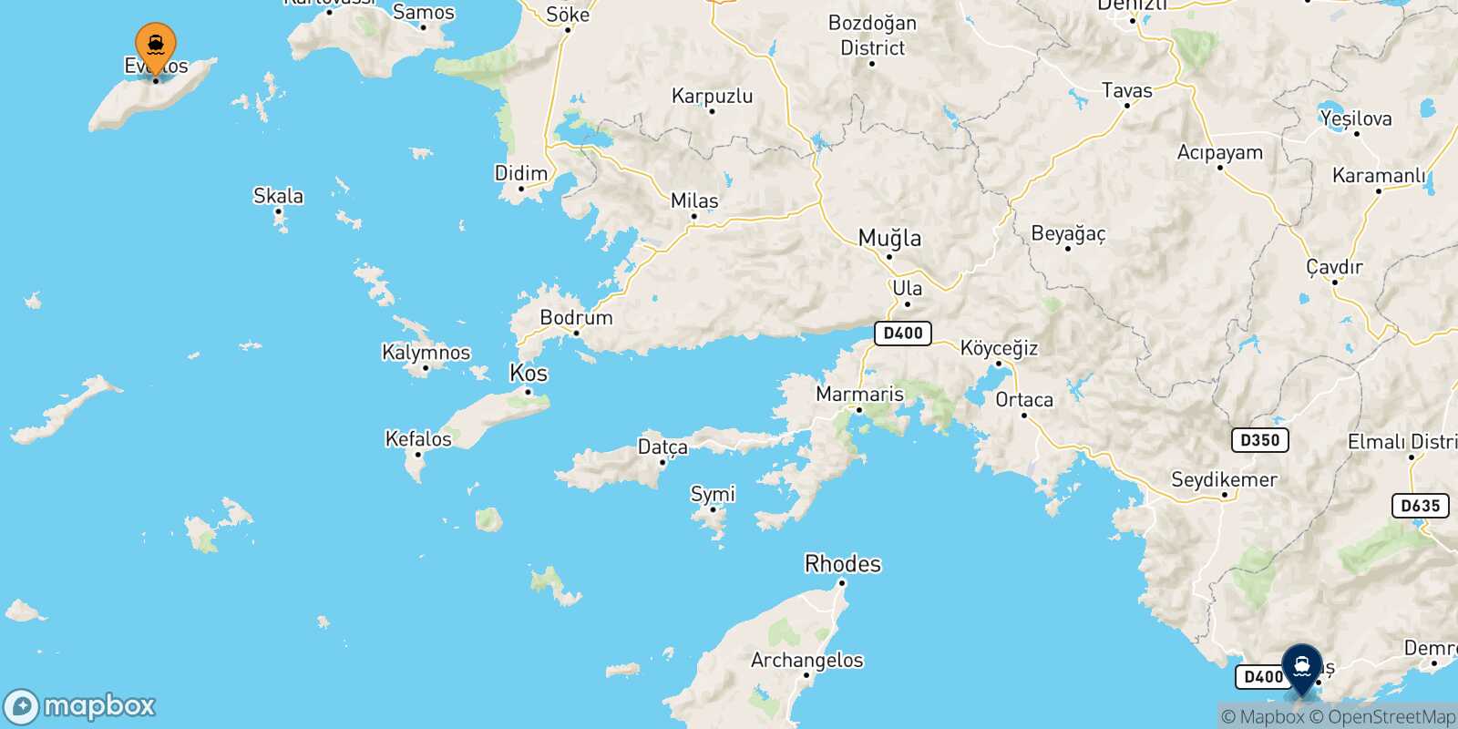 Evdilos (Ikaria) Kastelorizo route map