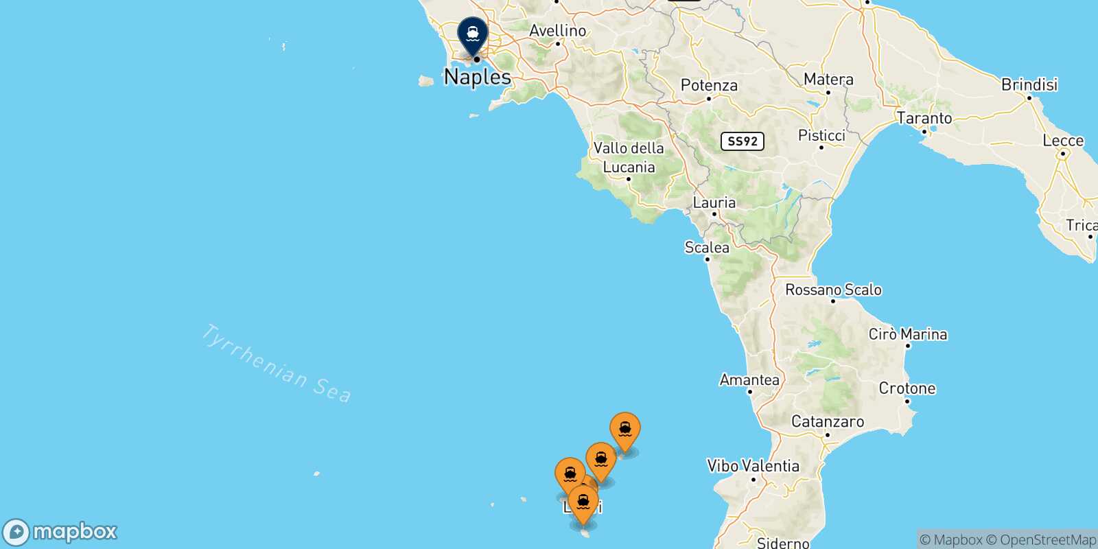 Map of the ports connected with  Naples Mergellina