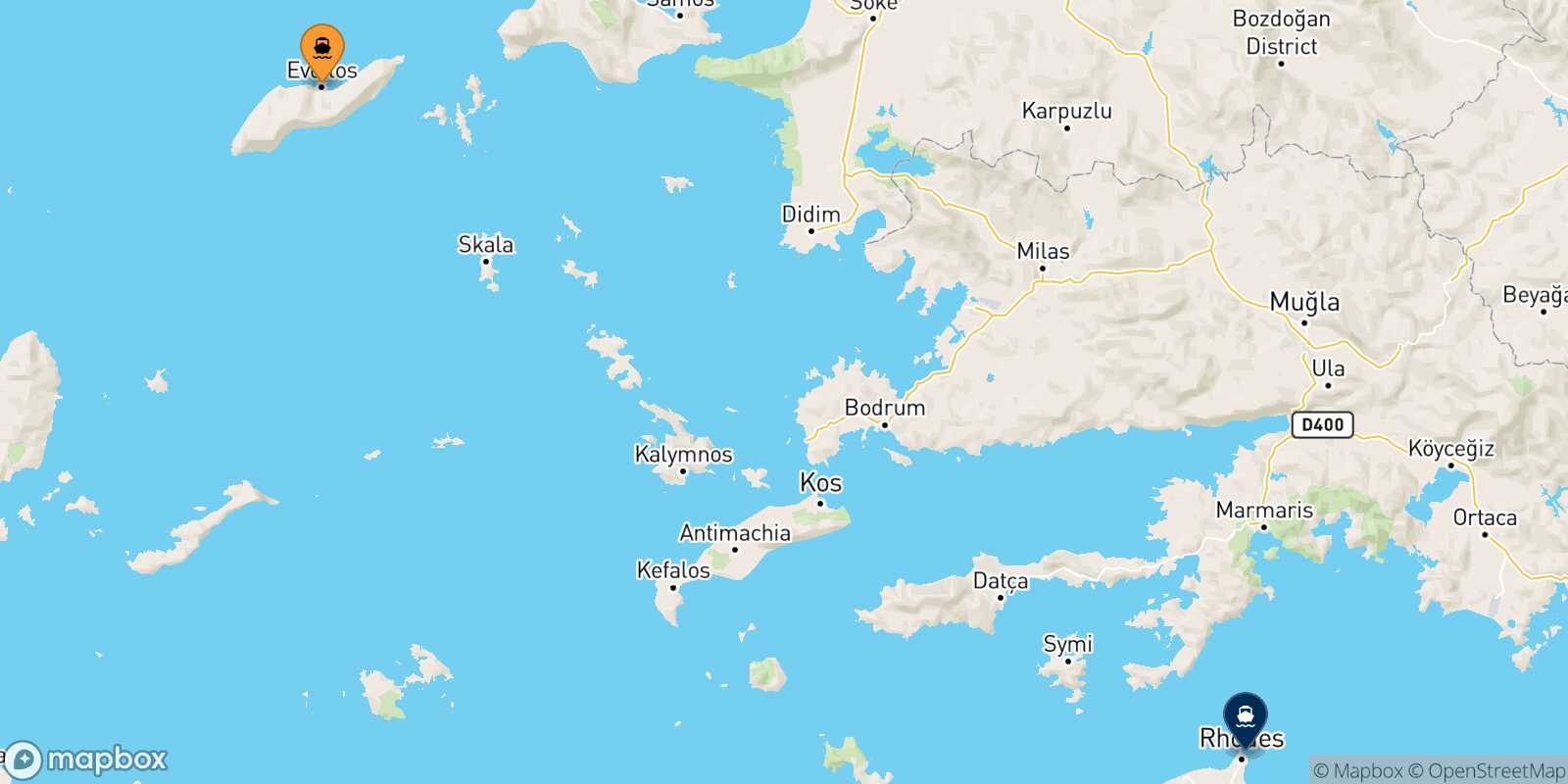 Evdilos (Ikaria) Rhodes route map