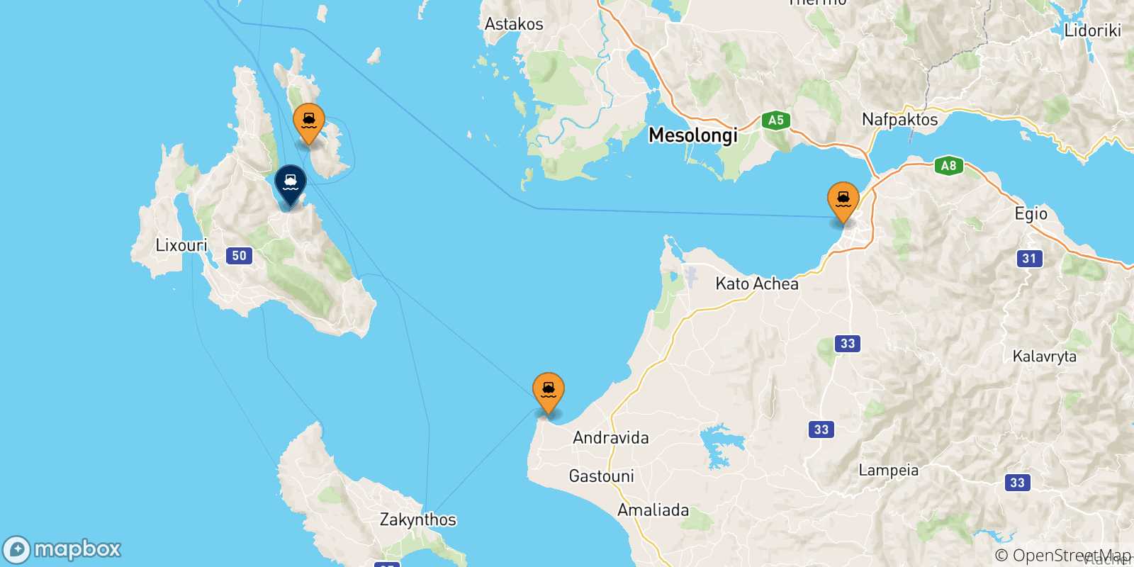 Map of the possible routes between Greece and Sami (Kefalonia)