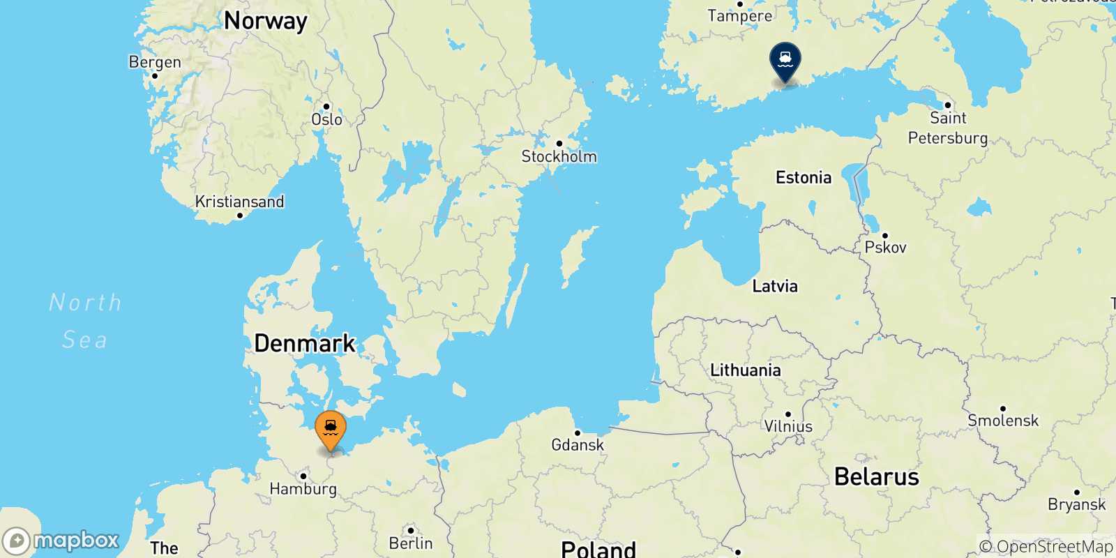 Map of the possible routes between Travemünde and Finland