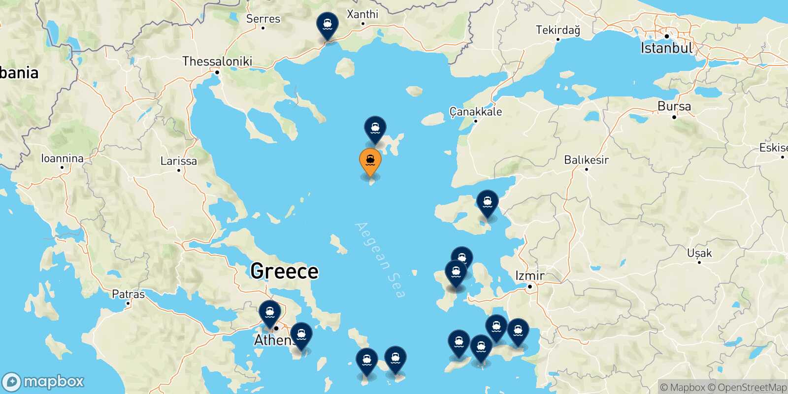 Map of the destinations reachable from Agios Efstratios