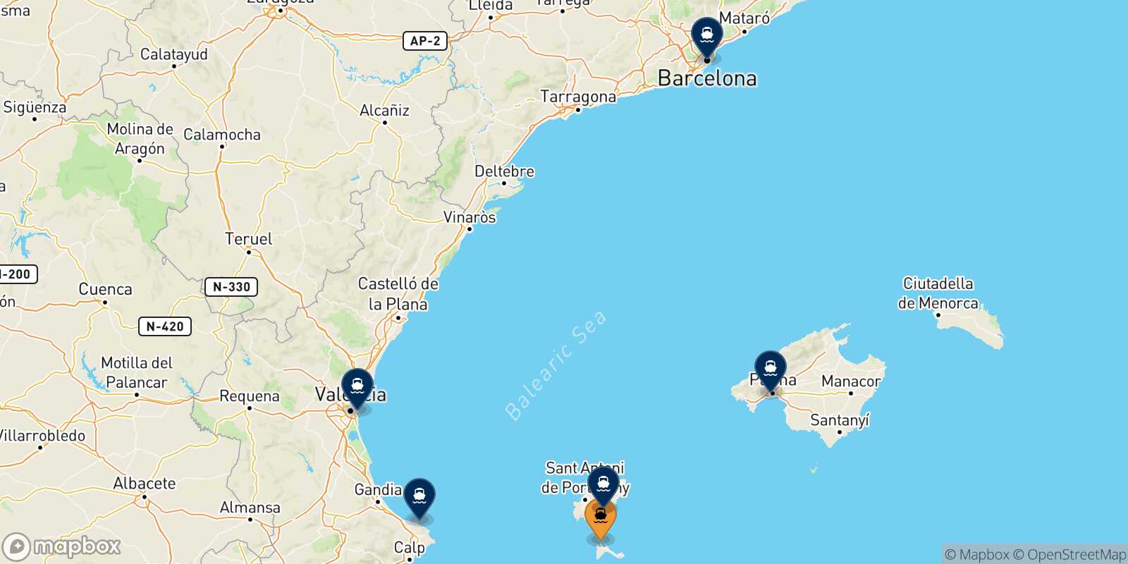 Map of the destinations reachable from Formentera