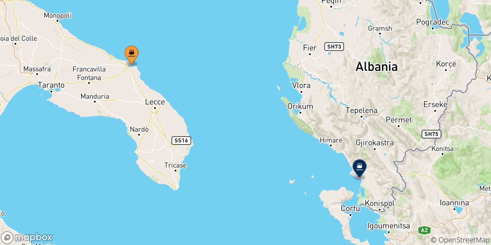 Map of the possible routes between Italy and Saranda