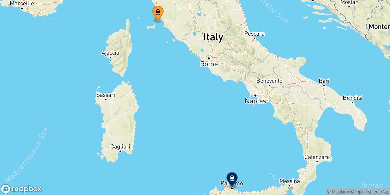 Piombino Palermo route map