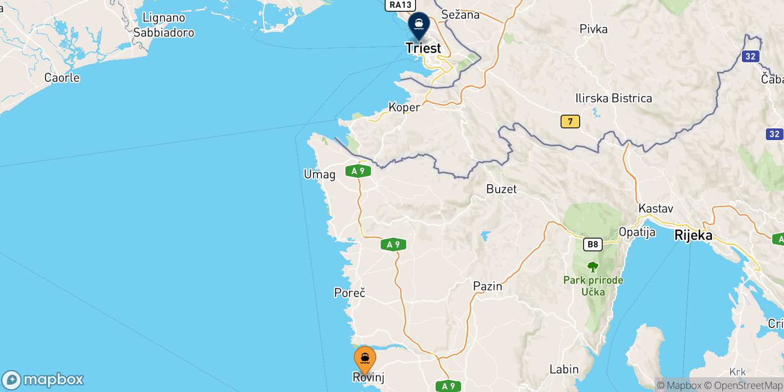 Rovinj Trieste route map