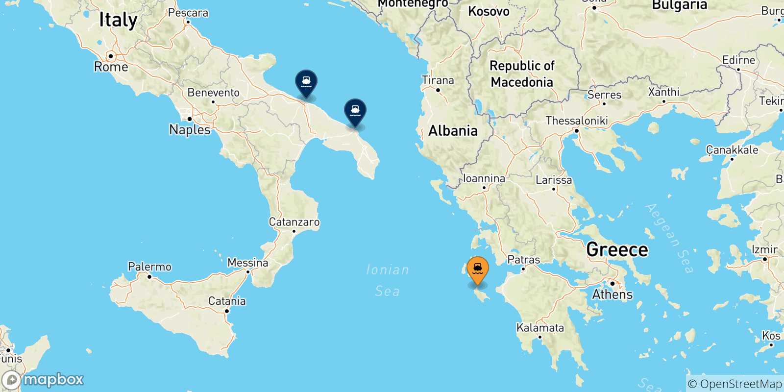 Map of the possible routes between Zakynthos and Italy