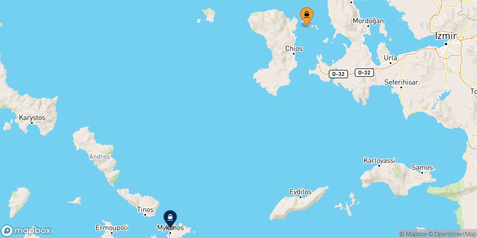 Inousses Mykonos route map