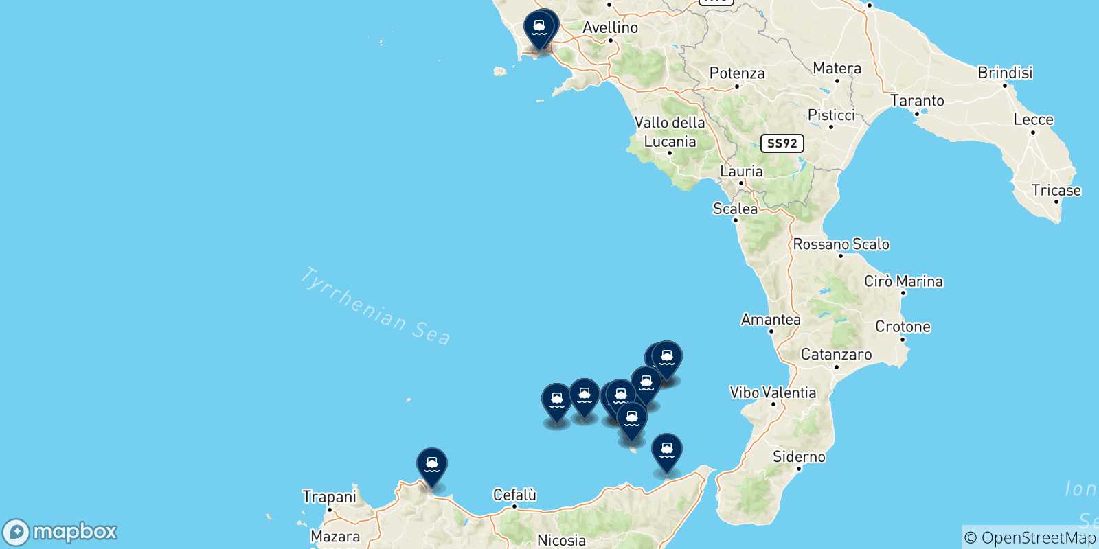 Map of the destinations reachable from the Aeolian Islands