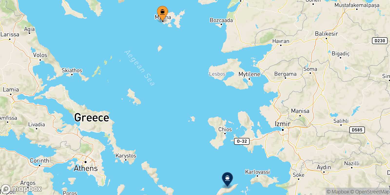 Myrina (Limnos) Evdilos (Ikaria) route map