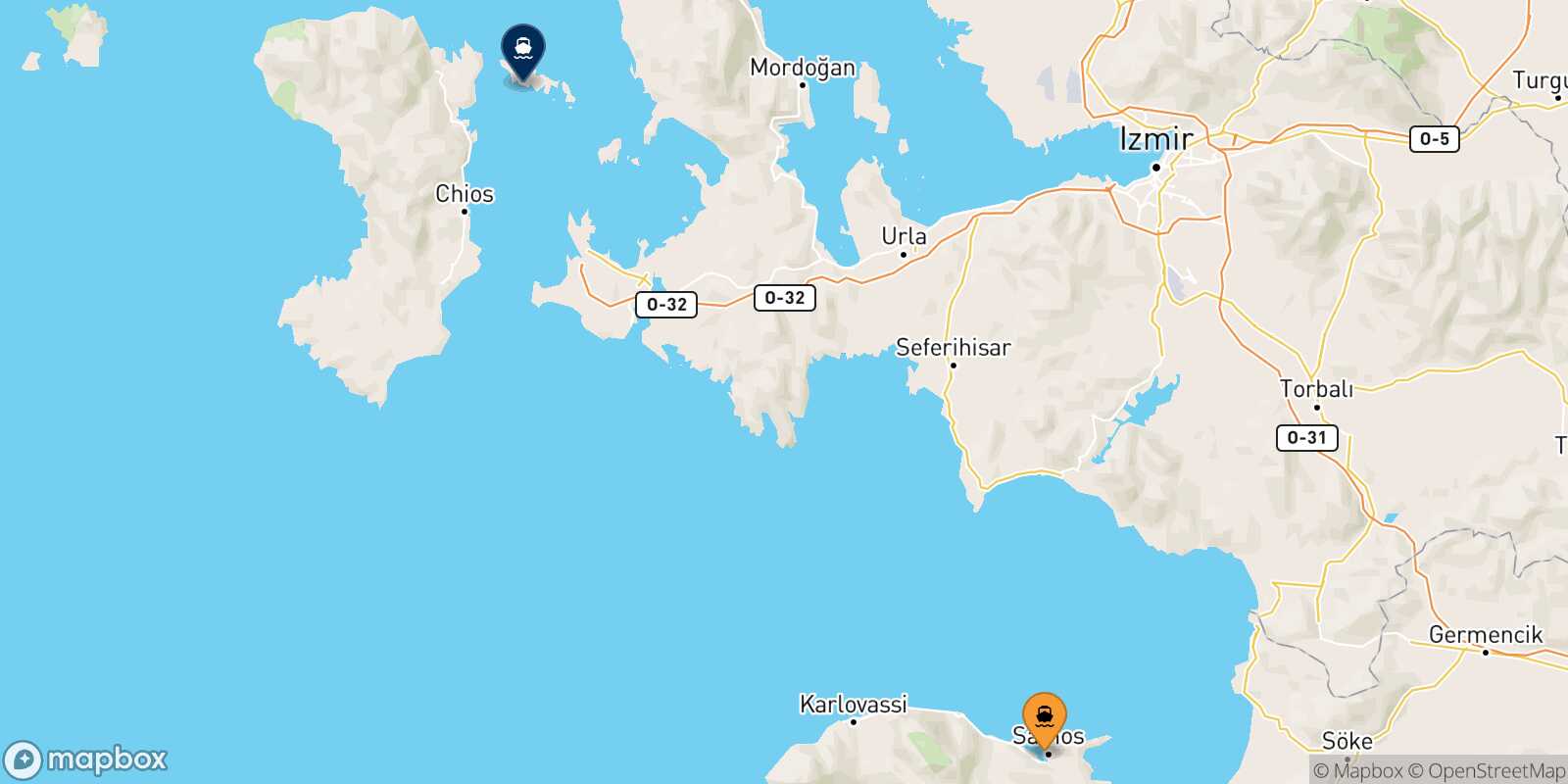 Vathi (Samos) Inousses route map