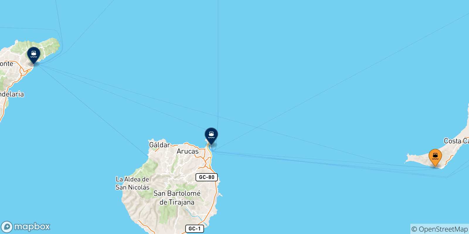 Map of the possible routes between Morro Jable (Fuerteventura) and Canary Islands