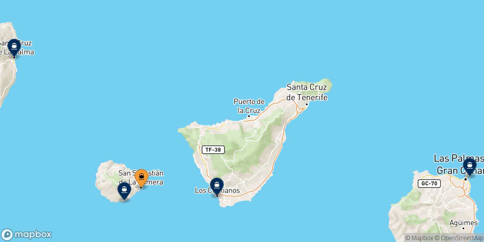 Map of the destinations reachable from San Sebastian De La Gomera