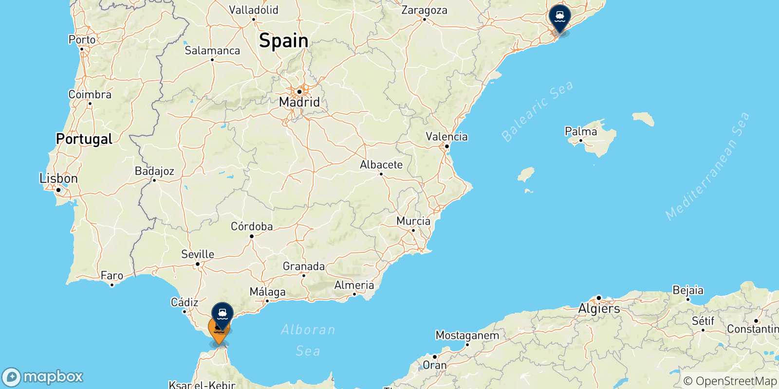 Map of the possible routes between Tangier Med and Spain