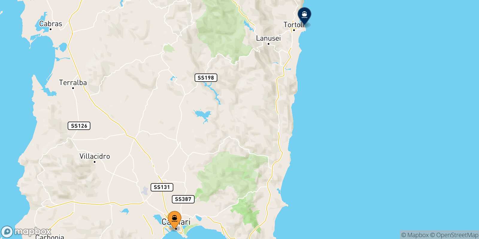 Cagliari Arbatax route map