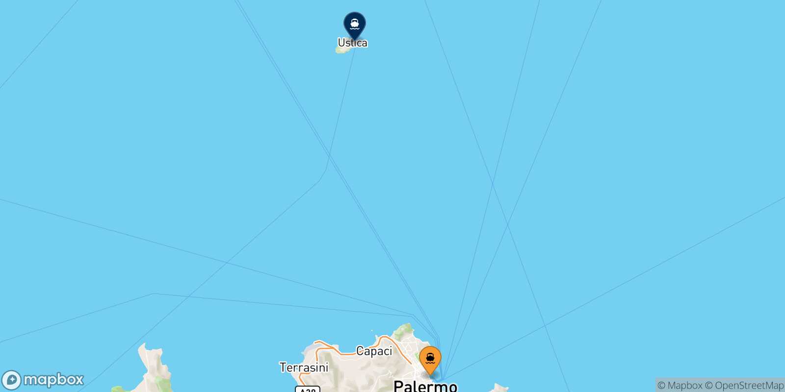 Map of the ports connected with  Cala Cimitero (Ustica)