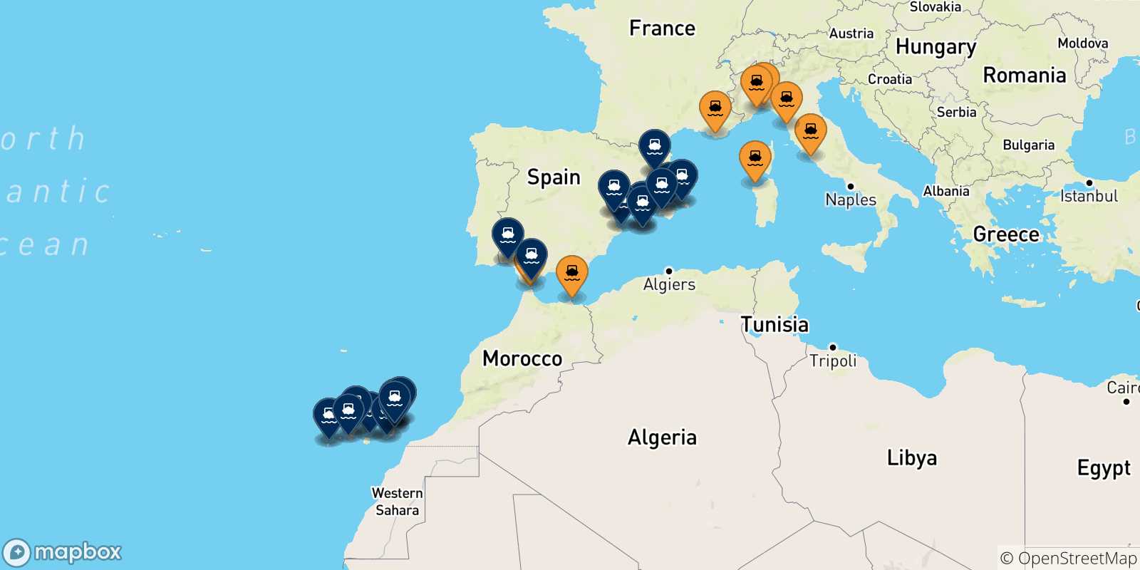 Map of the ports connected with  Spain