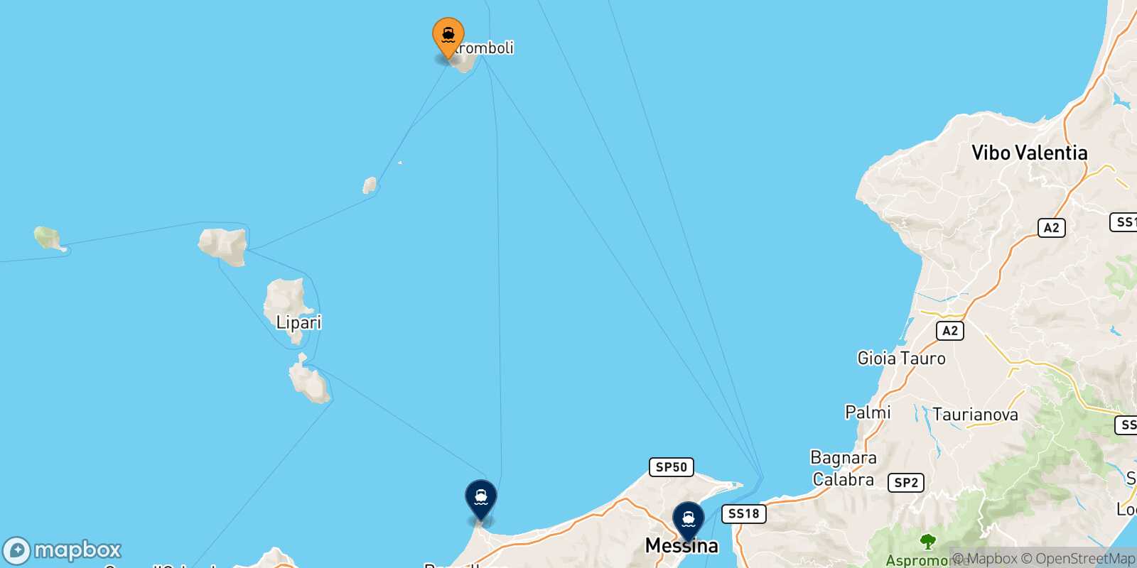 Map of the destinations reachable from Ginostra (Stromboli)