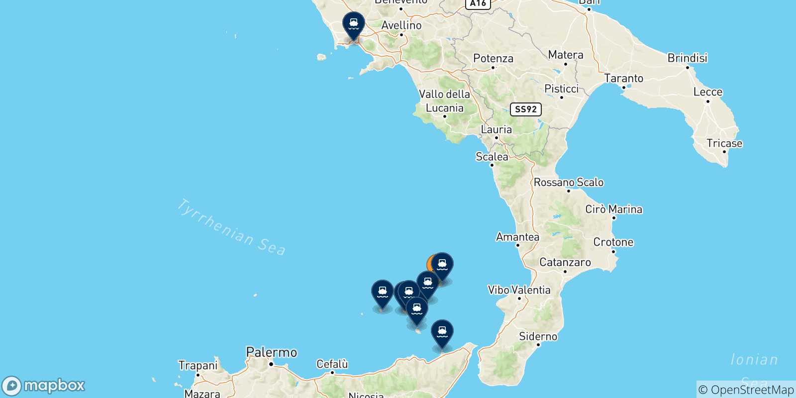 Map of the possible routes between Ginostra (Stromboli) and Italy