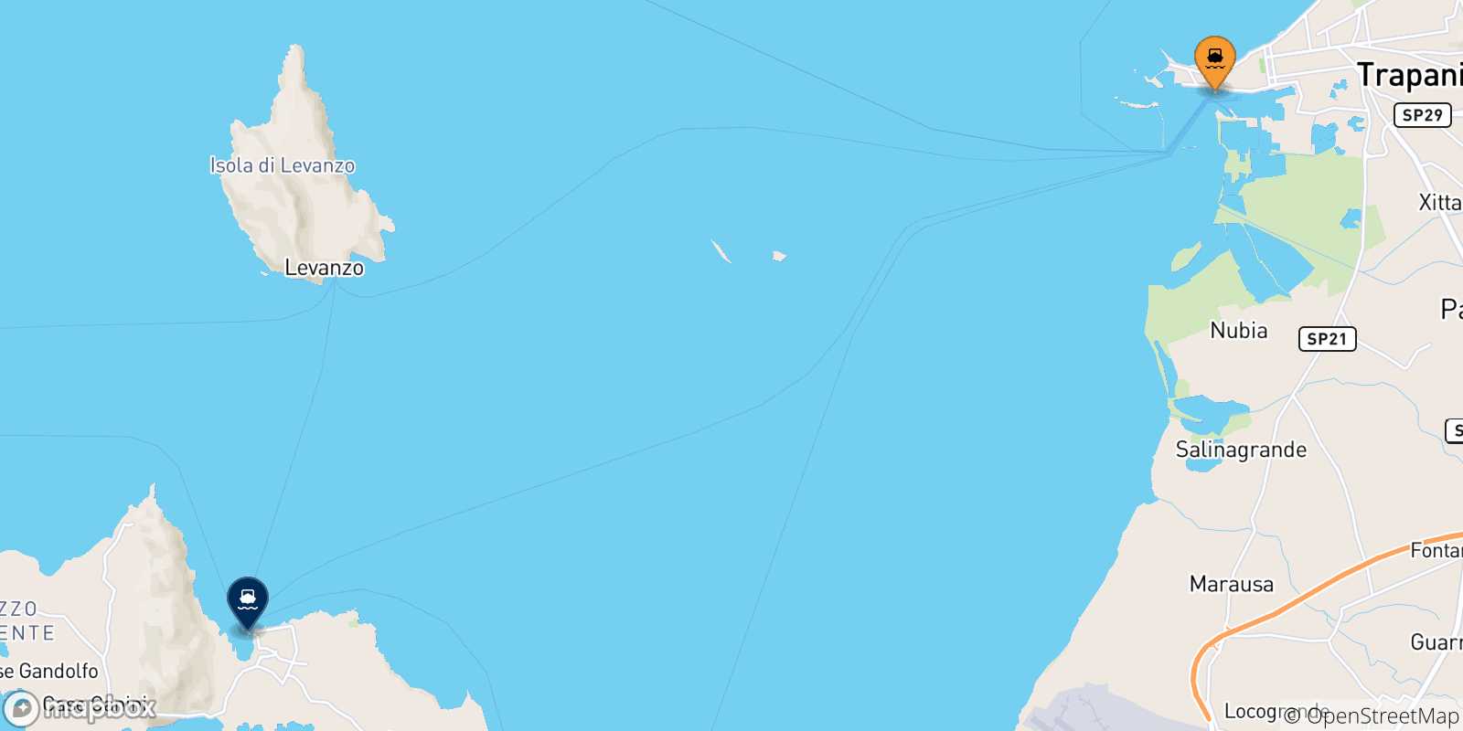 Map of the possible routes between Sicily and Favignana