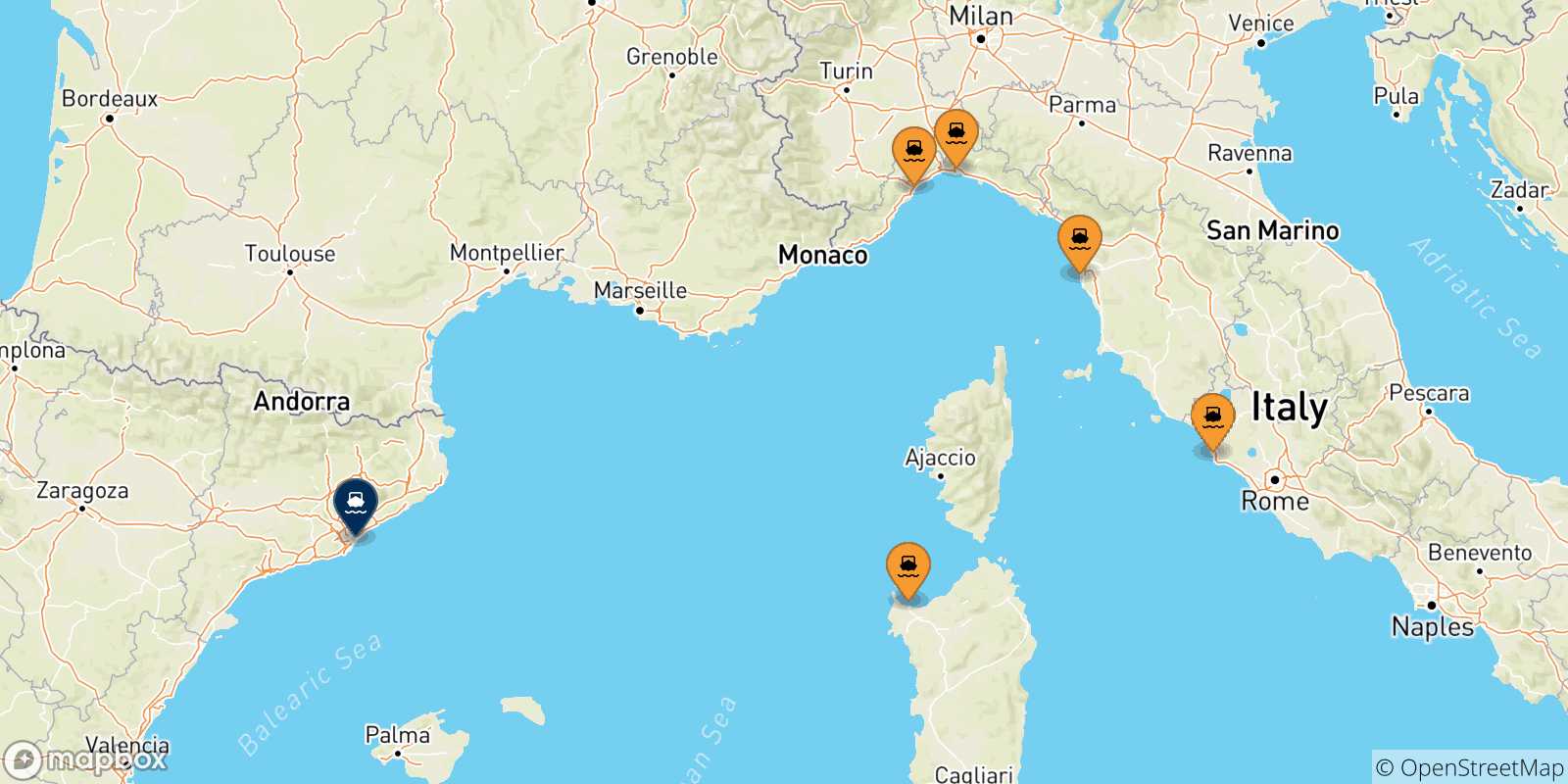 Map of the possible routes between Italy and Barcelona