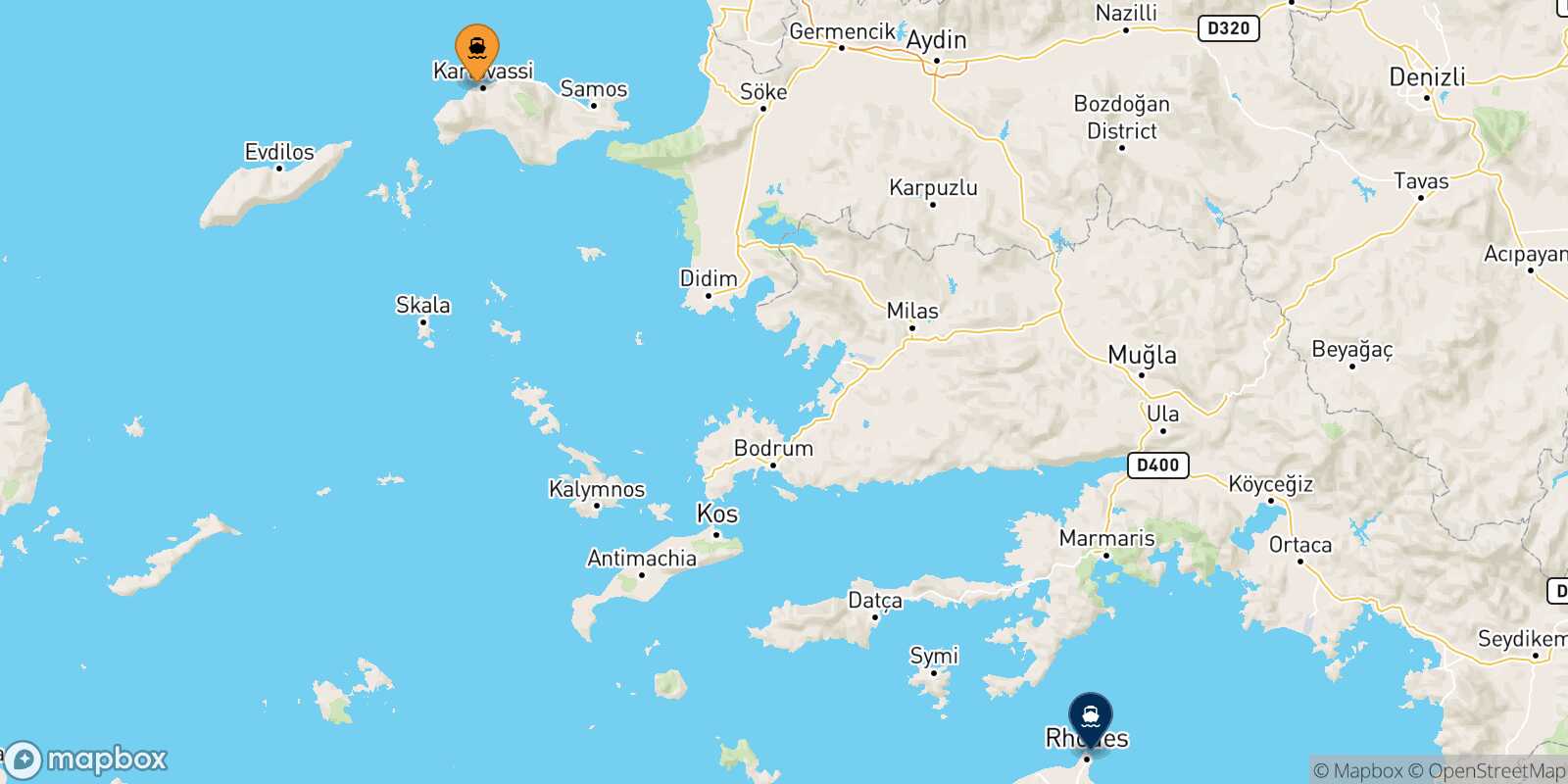 Pythagorio (Samos) Rhodes route map