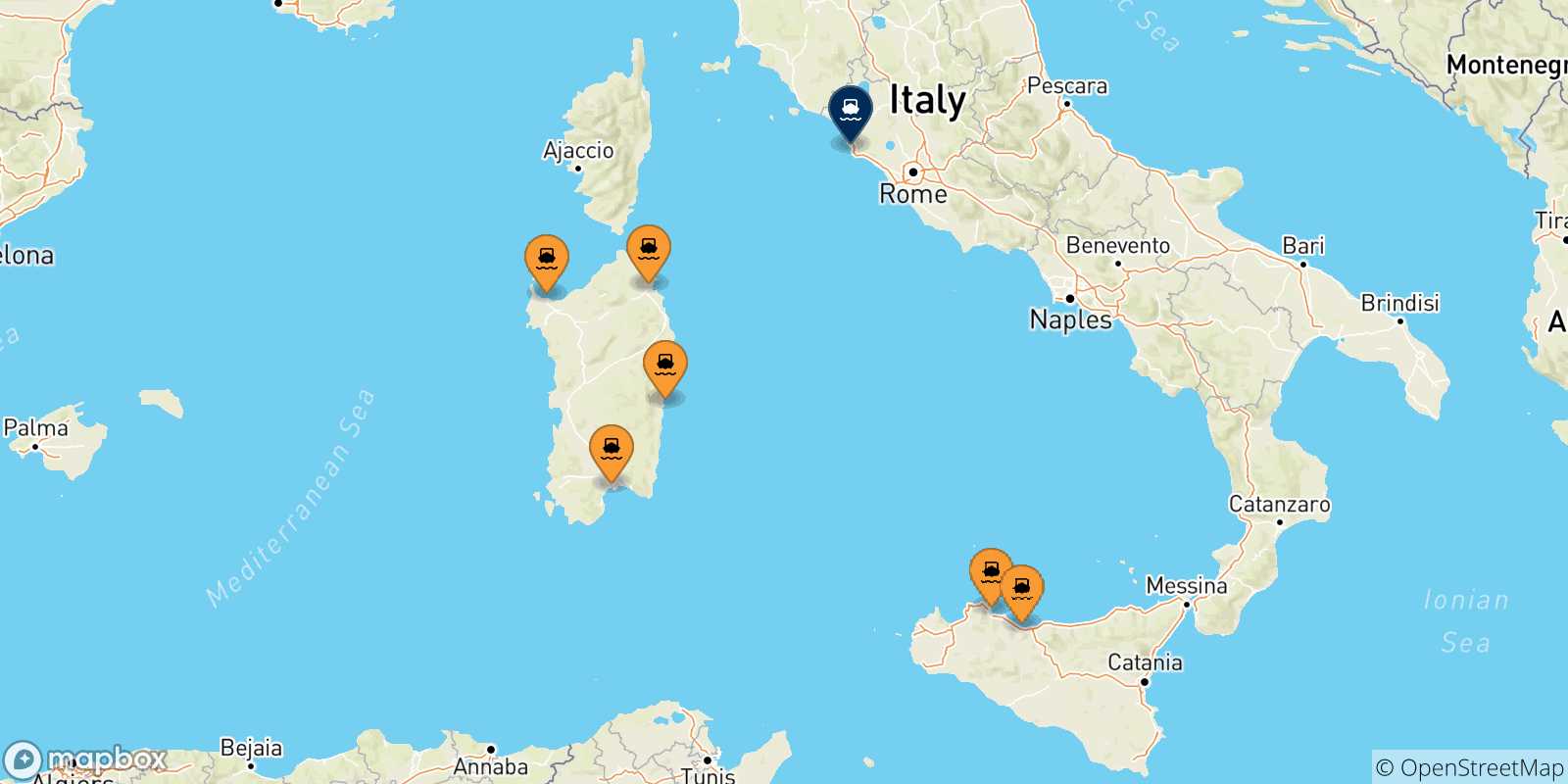 Map of the possible routes between Italy and Civitavecchia