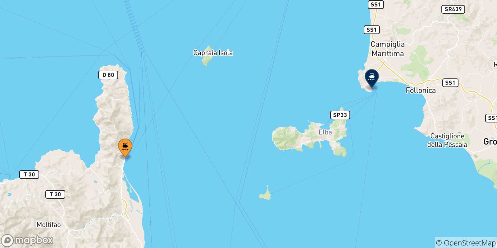 Map of the possible routes between Corsica and Piombino