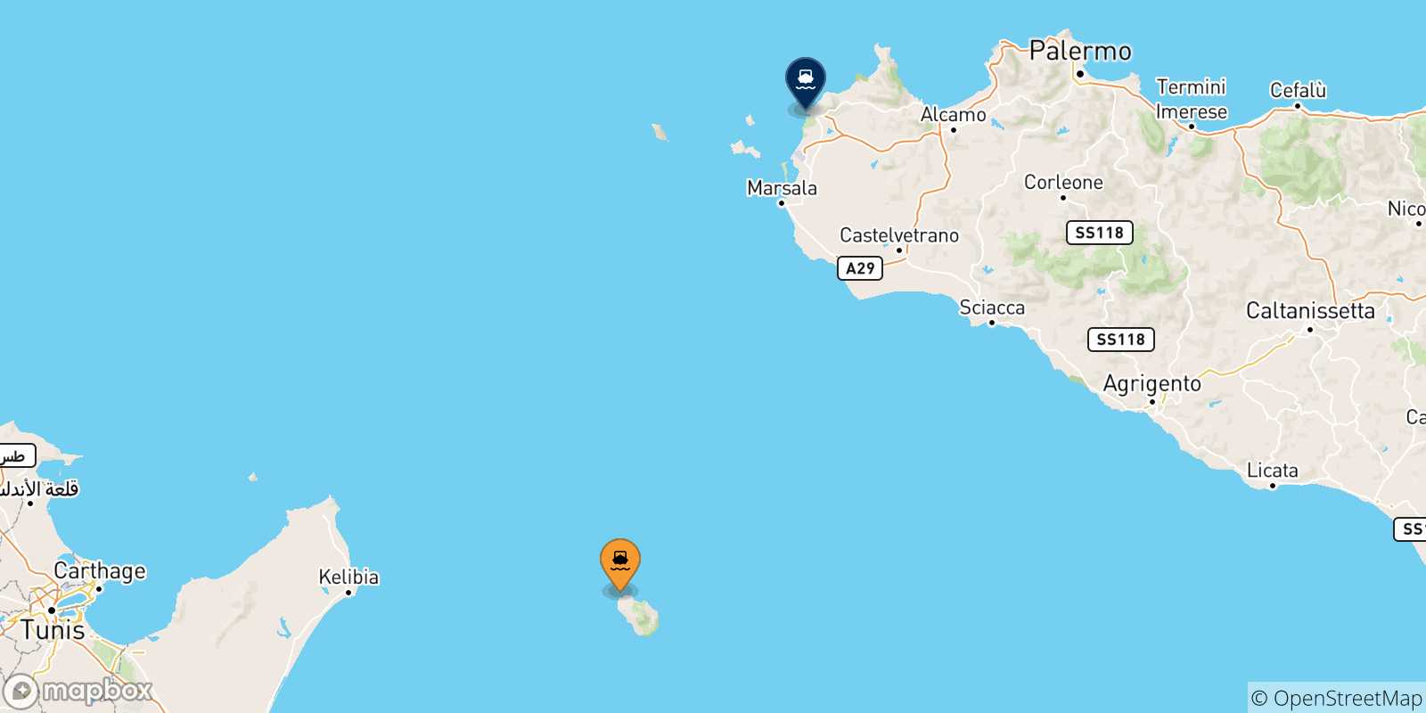 Map of the possible routes between Pantelleria Island and Sicily