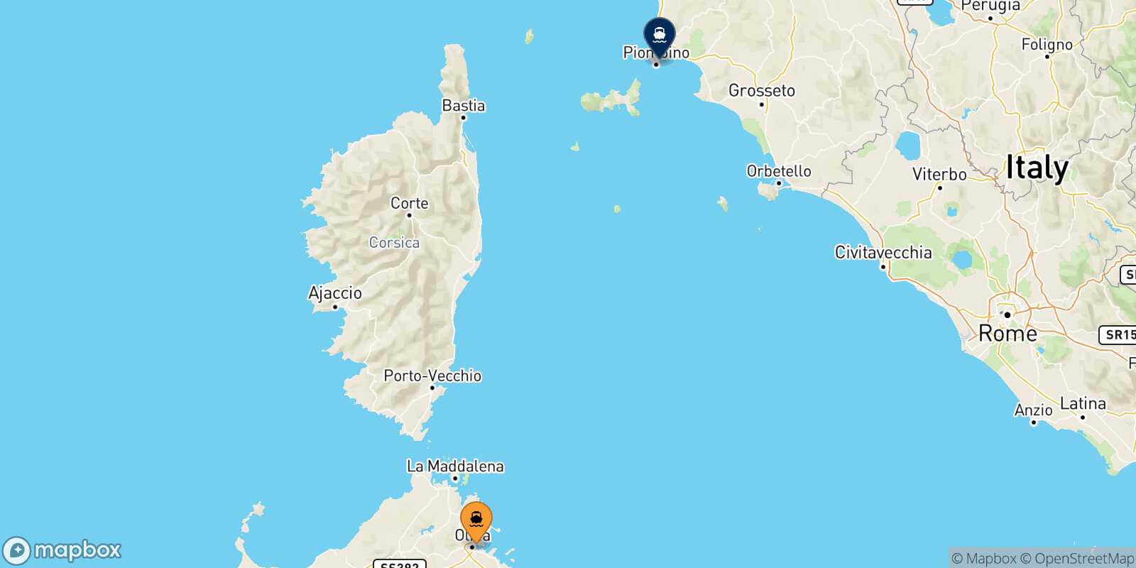 Olbia Piombino route map