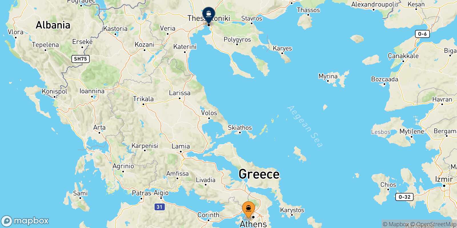 Piraeus Thessaloniki route map