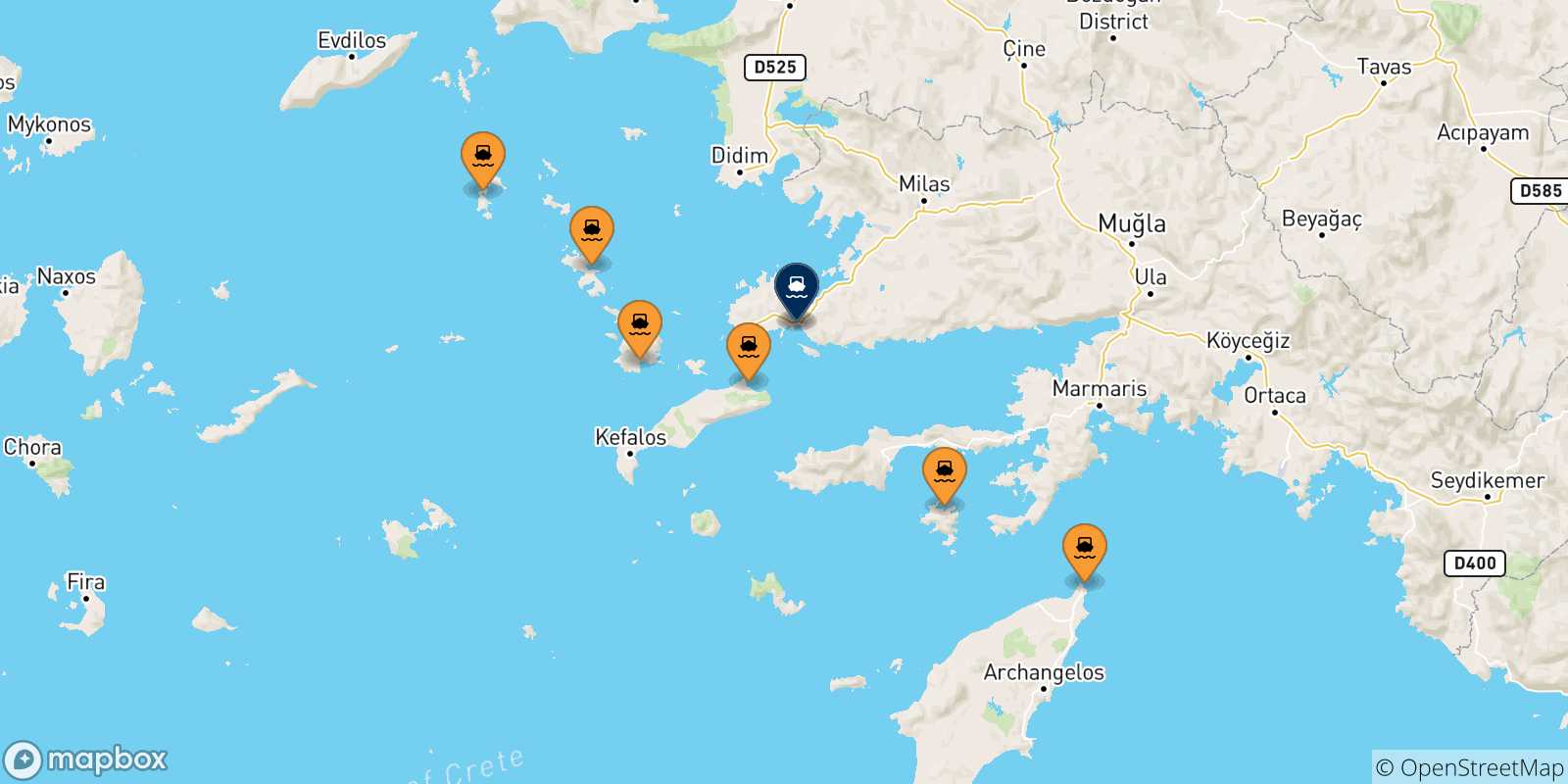 Map of the possible routes between Dodecanese Islands and Turkey