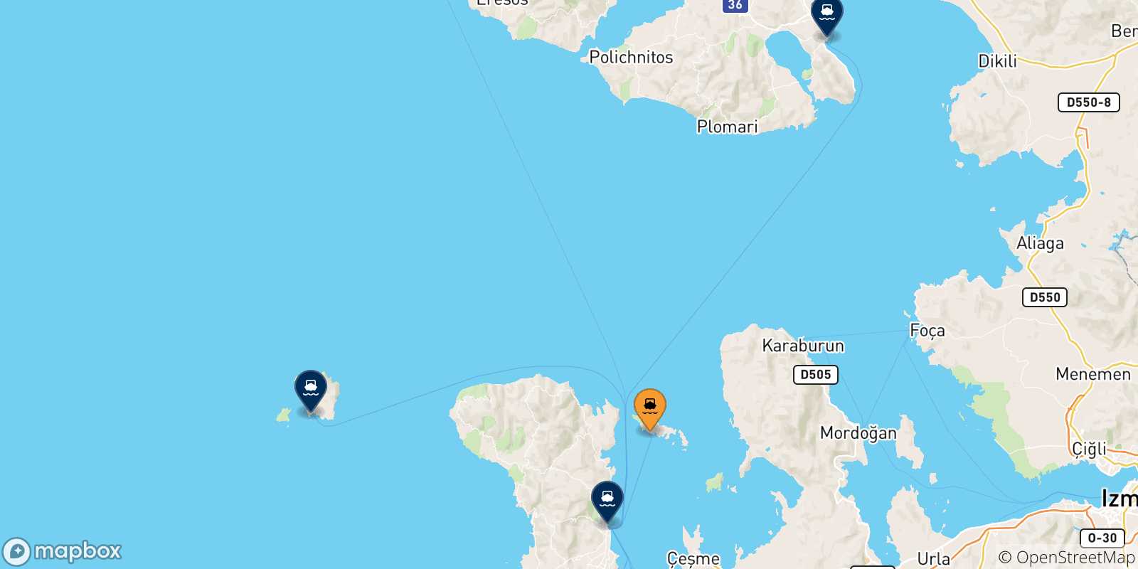 Map of the possible routes between Inousses and Aegean Islands