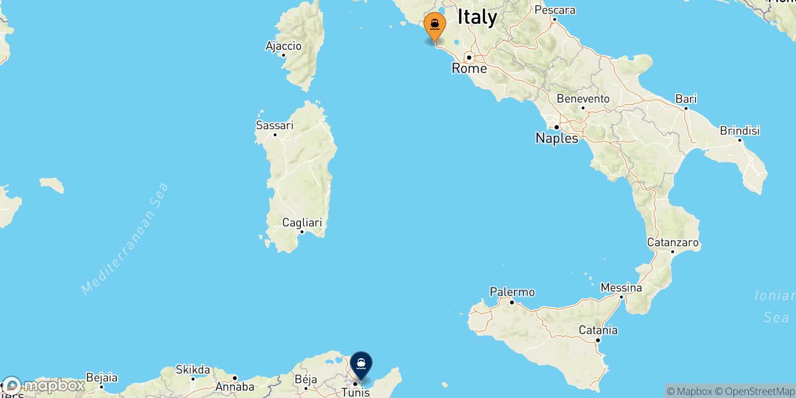 Map of the destinations reachable from Civitavecchia