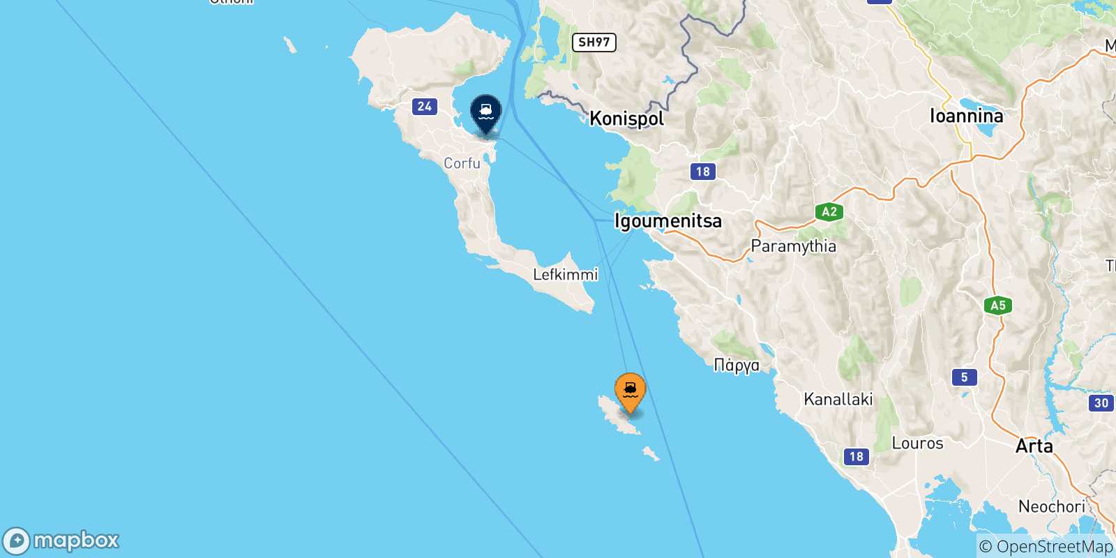 Map of the possible routes between Greece and Corfu