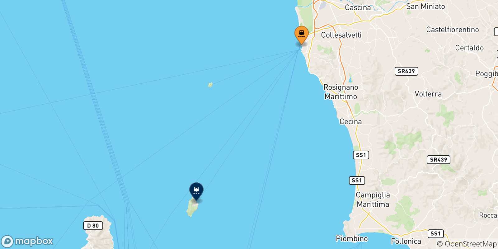Map of the possible routes between Italy and Capraia Island