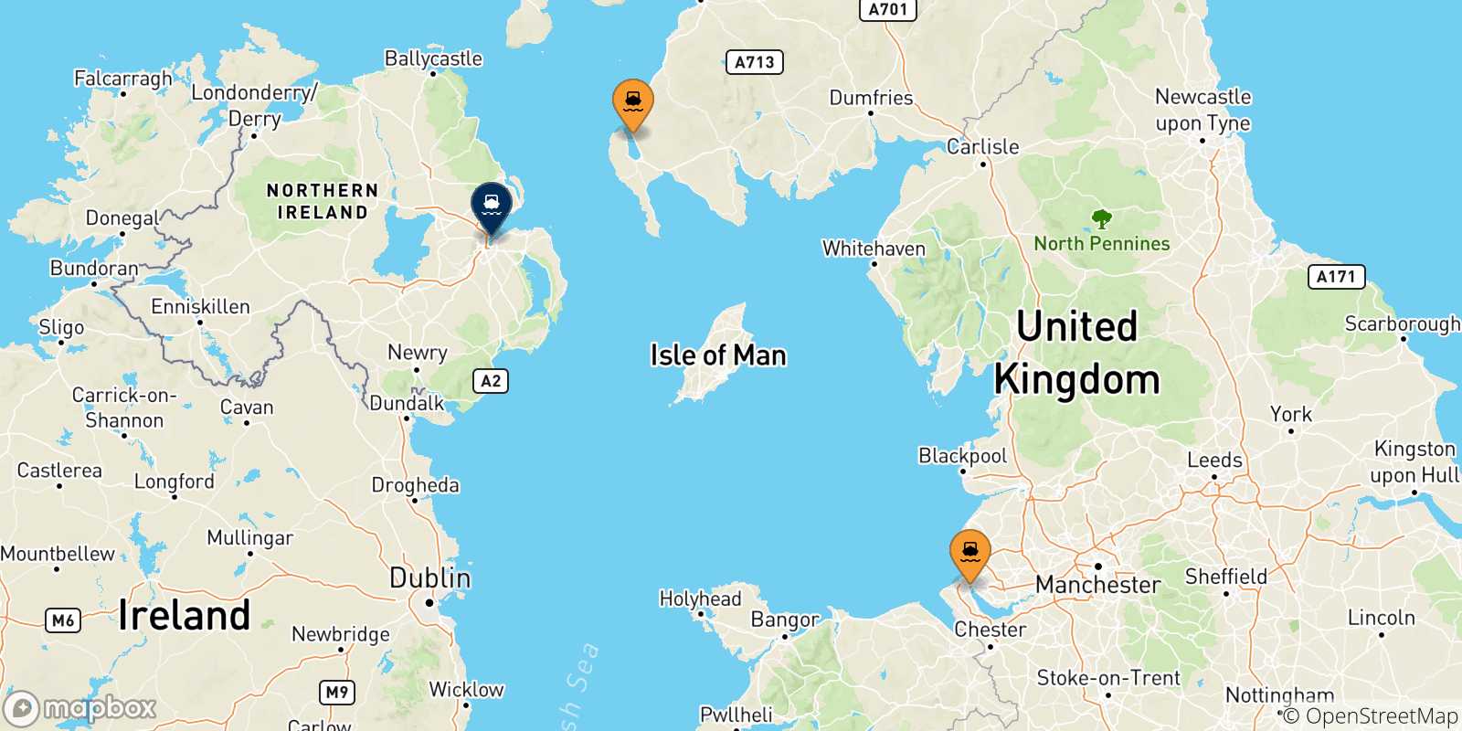 Map of the possible routes between Uk and Northern Ireland