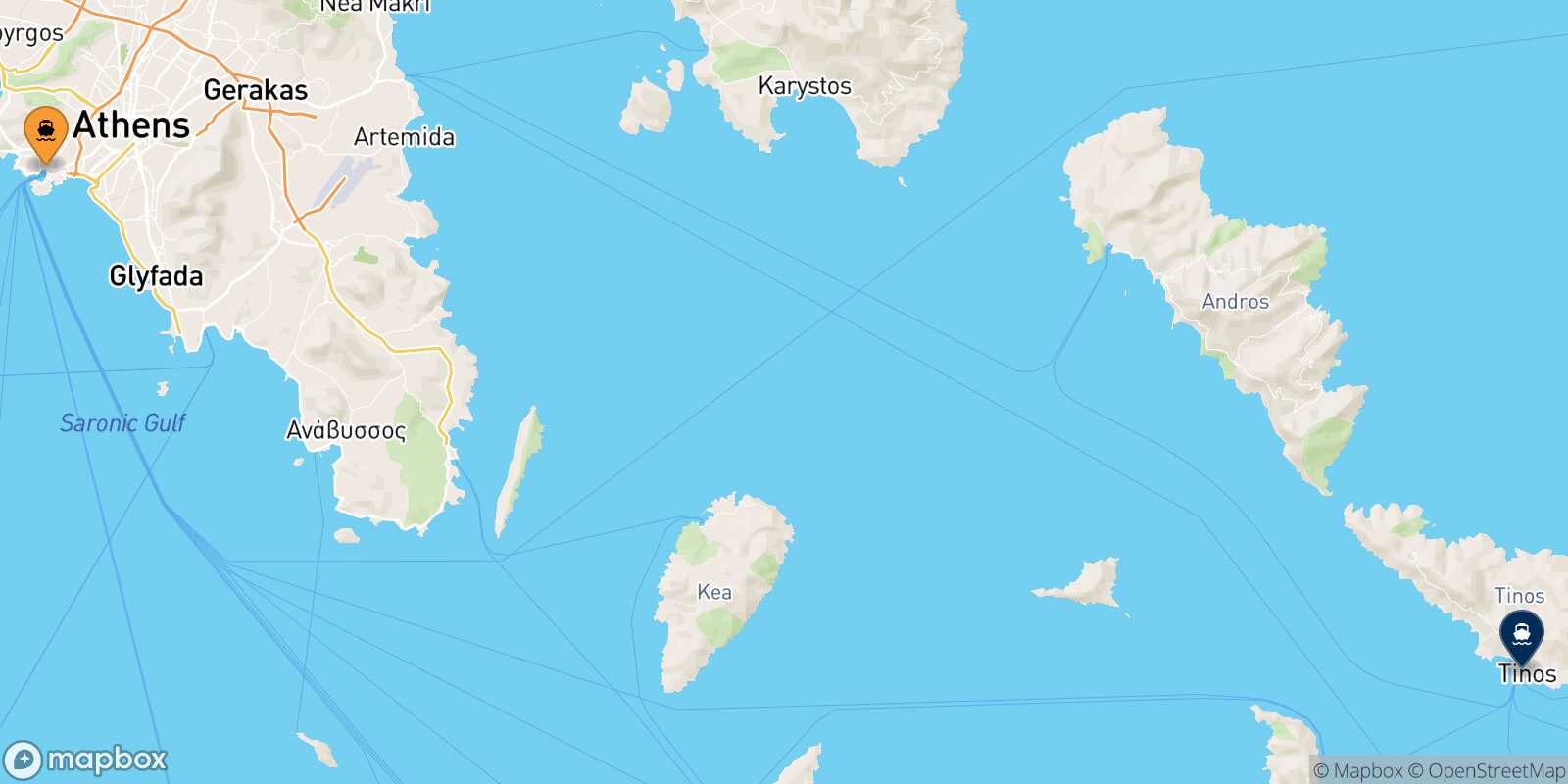 Piraeus Tinos route map