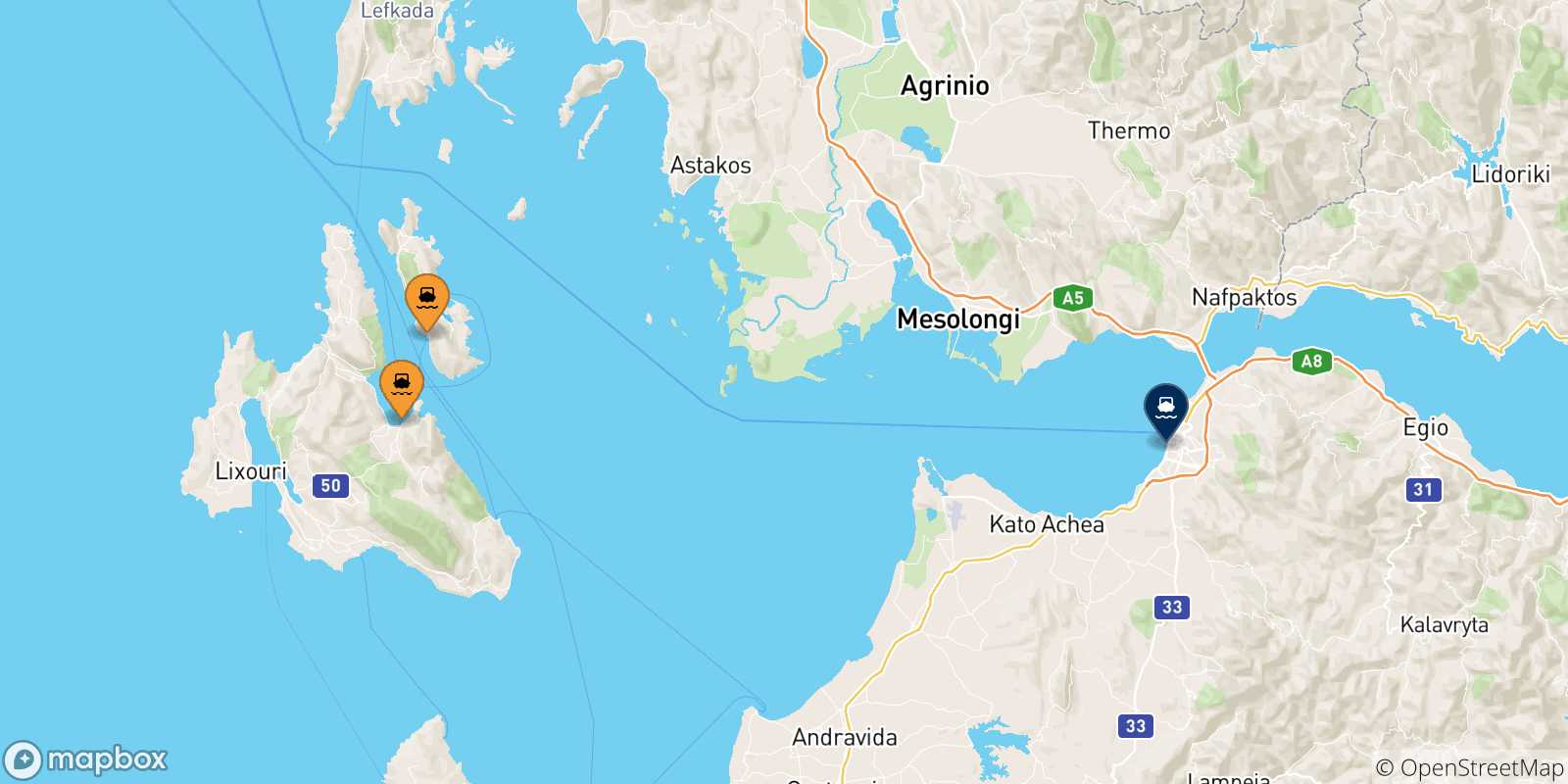Map of the possible routes between Ionian Islands and Patras