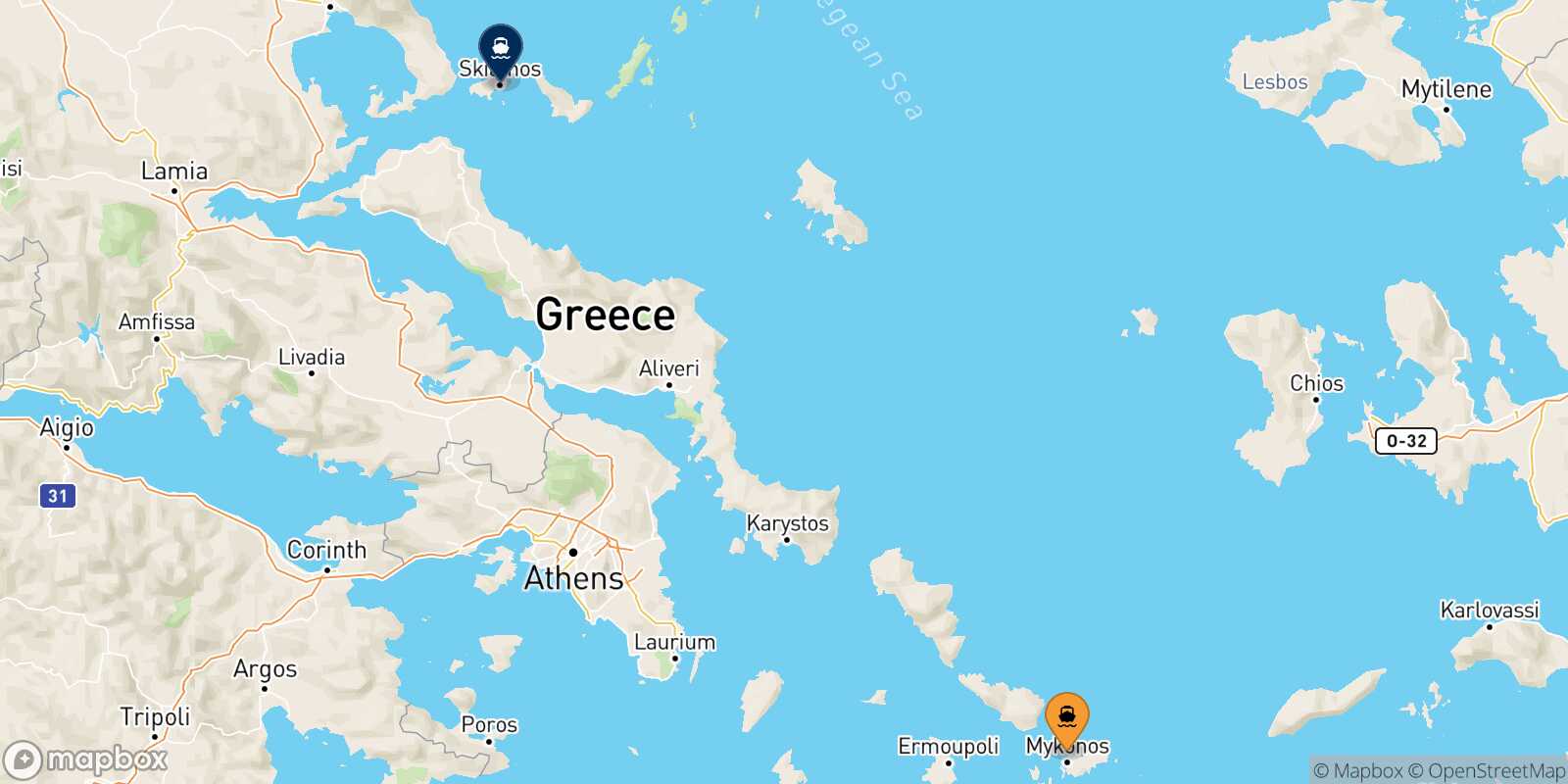 Map of the destinations reachable from Mykonos