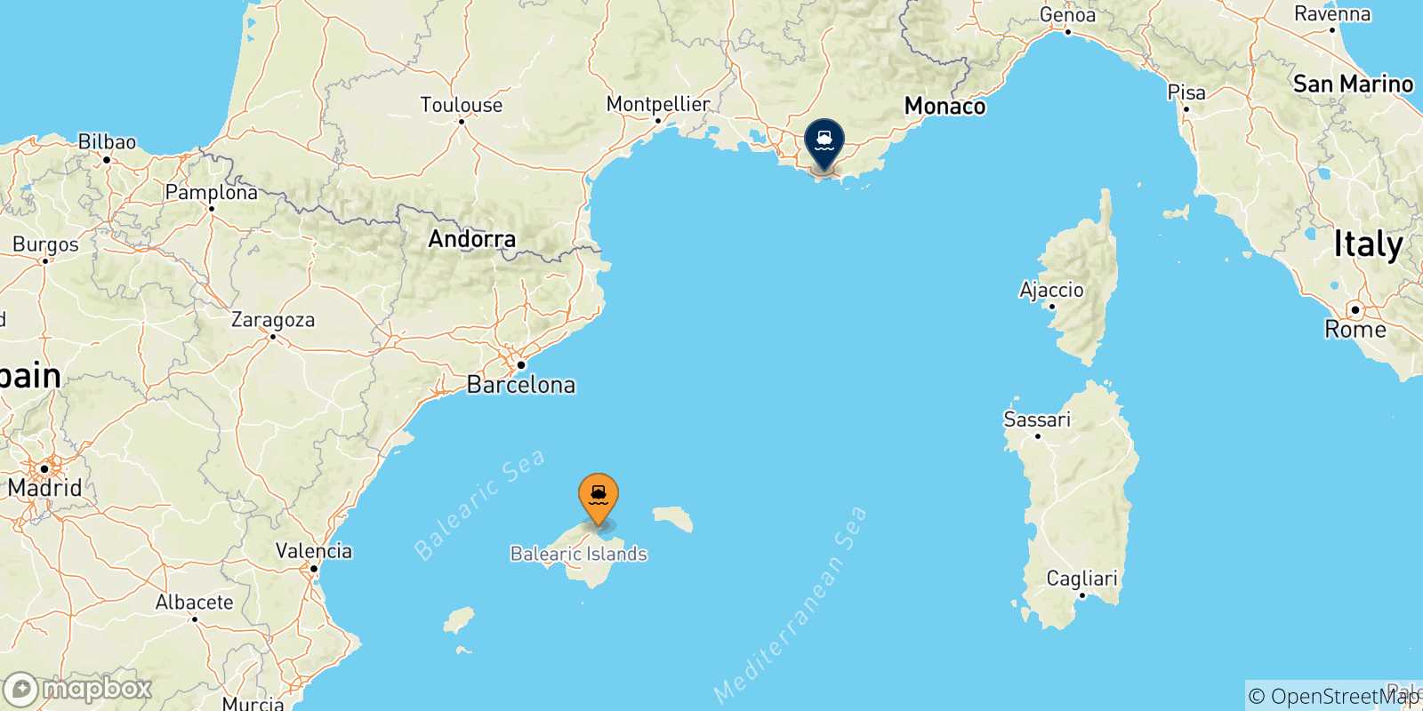 Map of the possible routes between Balearic Islands and France