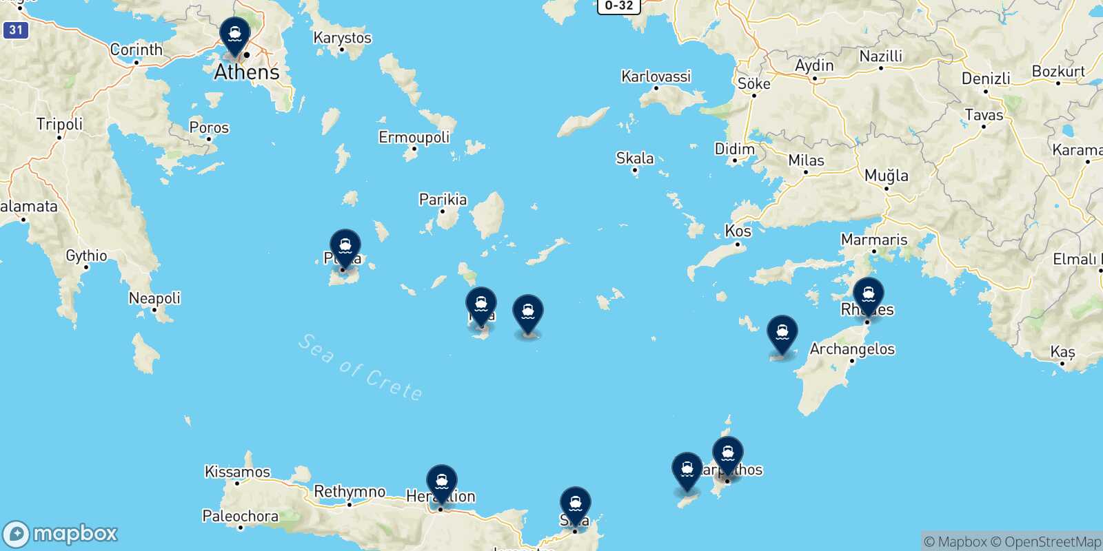 Map of the destinations reachable from Diafani (Karpathos)