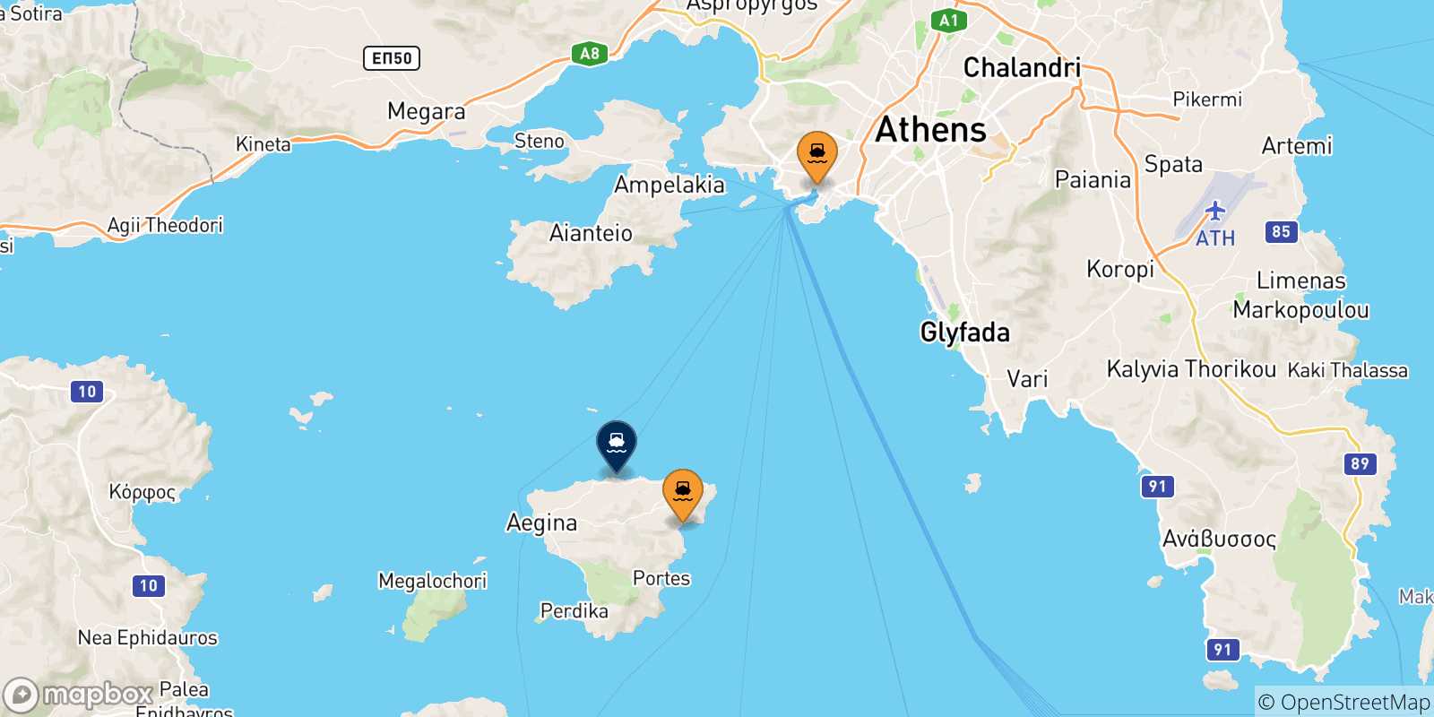 Map of the possible routes between Greece and Souvala (Aegina)