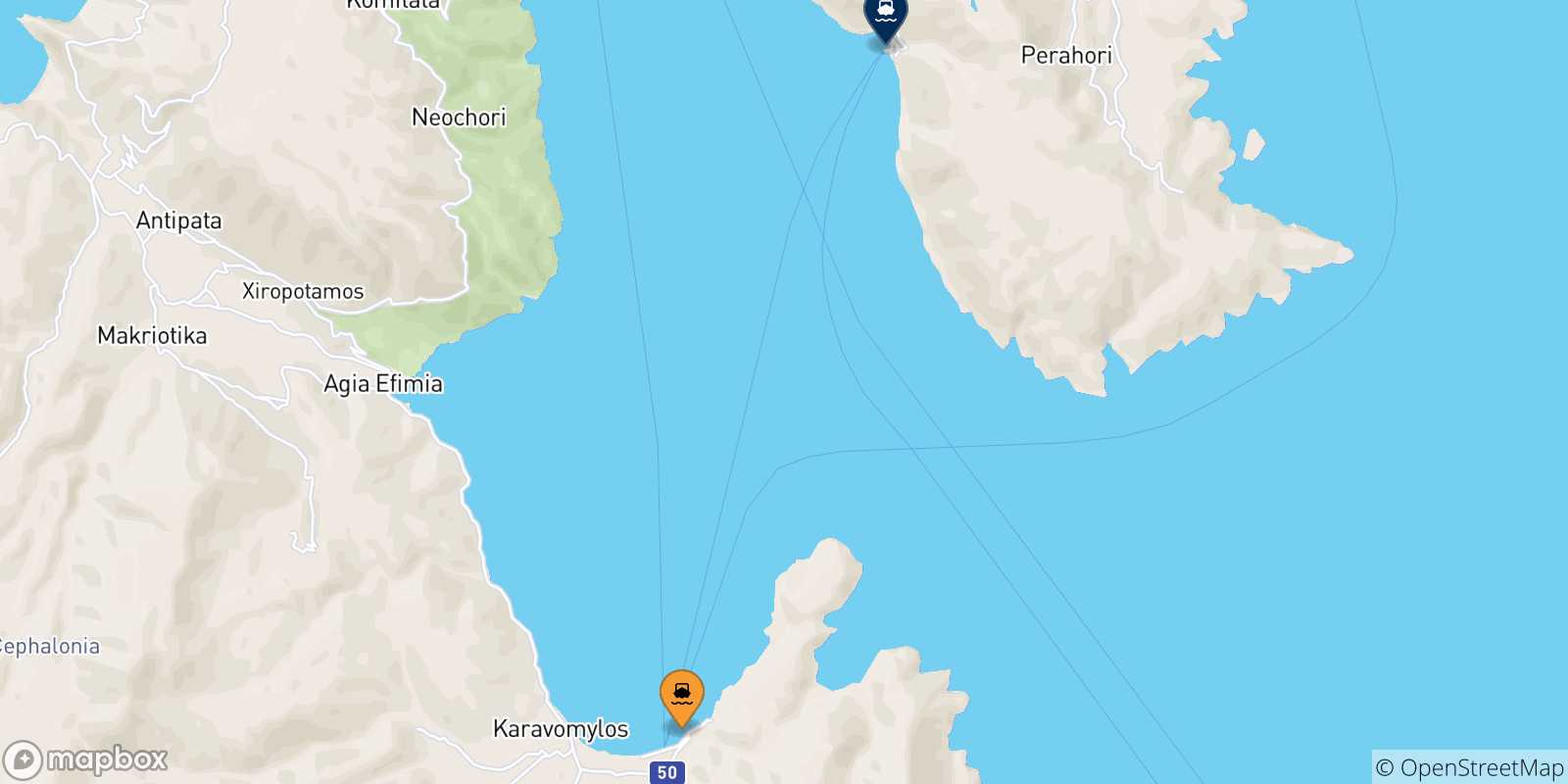 Map of the possible routes between Sami (Kefalonia) and Ionian Islands
