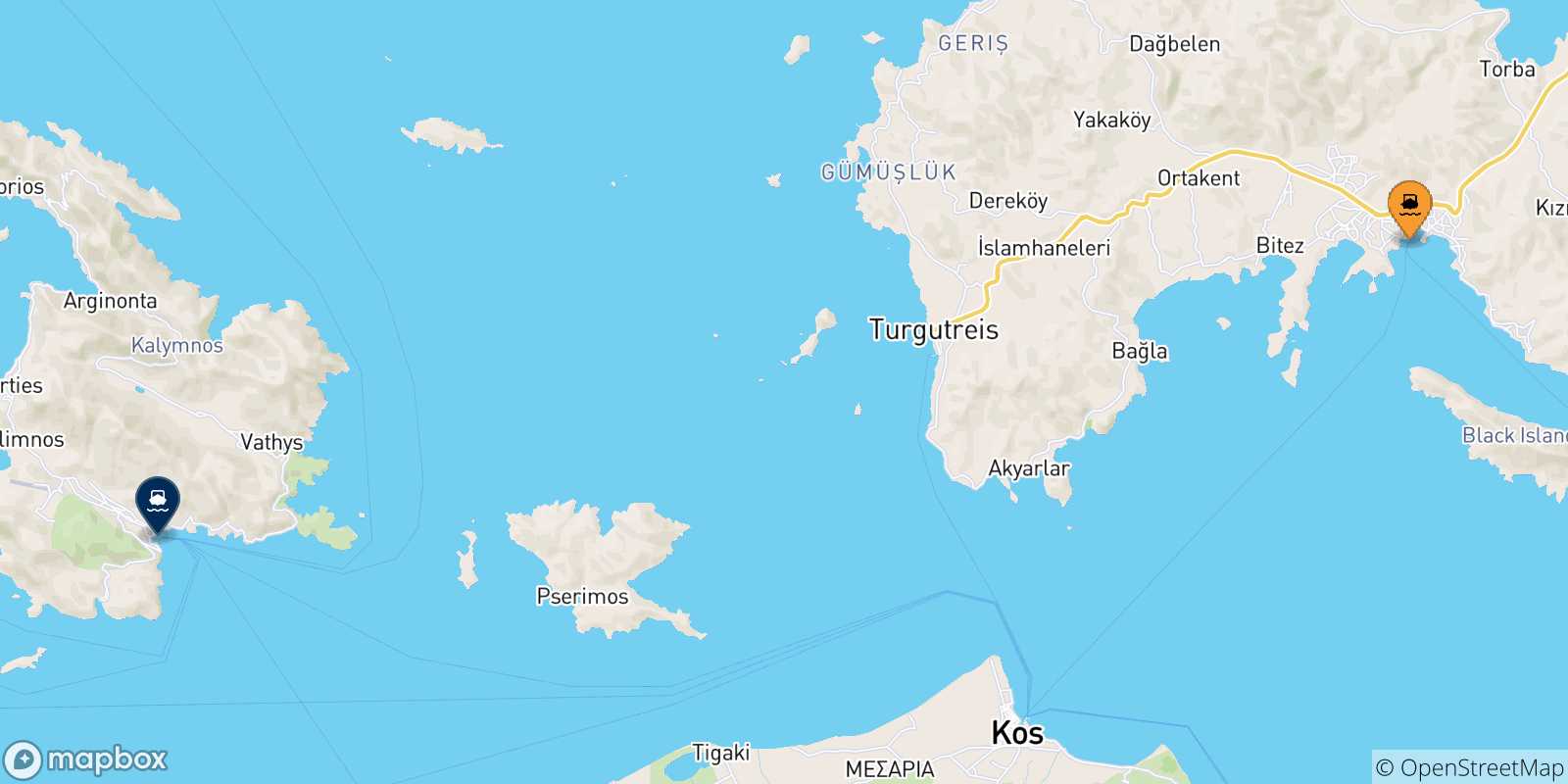 Map of the possible routes between Turkey and Kalymnos